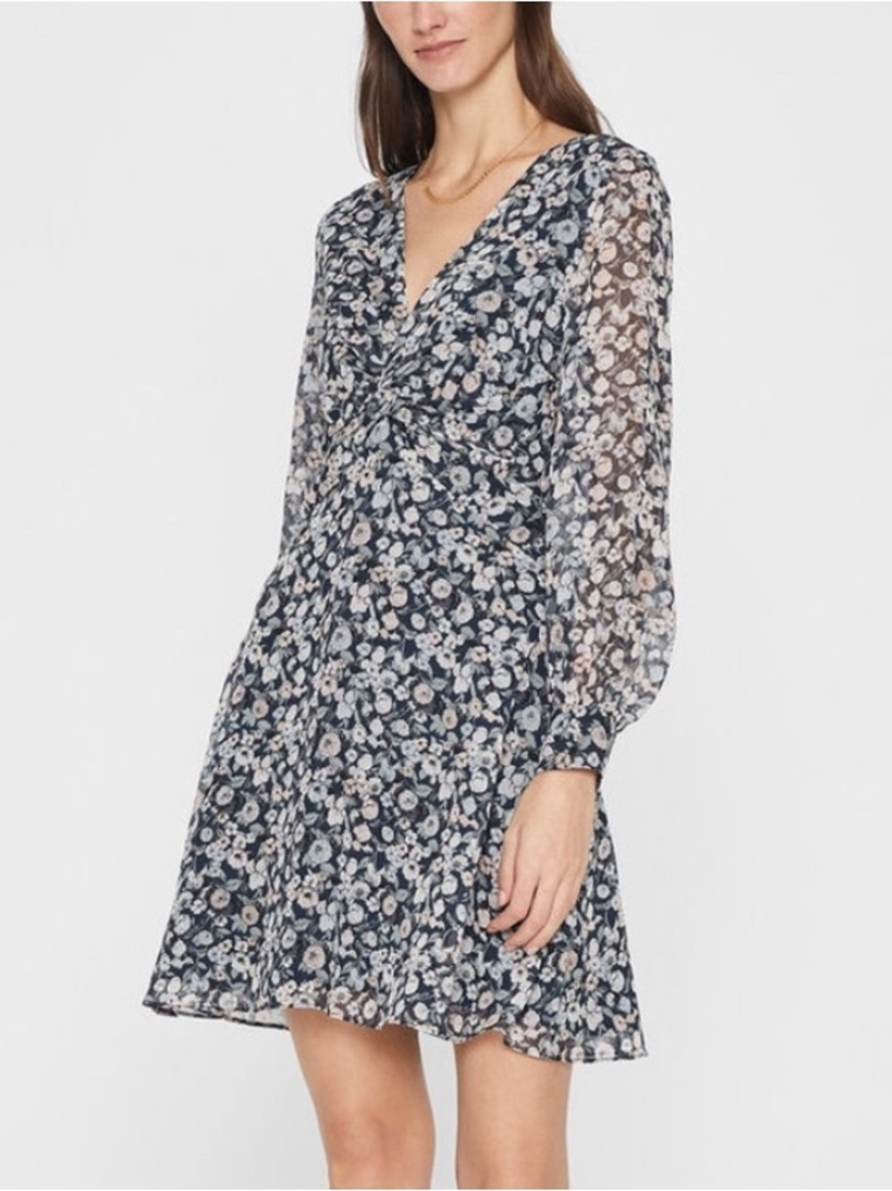 Club Monaco 100% Silk Floral Twist-Front Long Sleeve Dress With Back Zipper